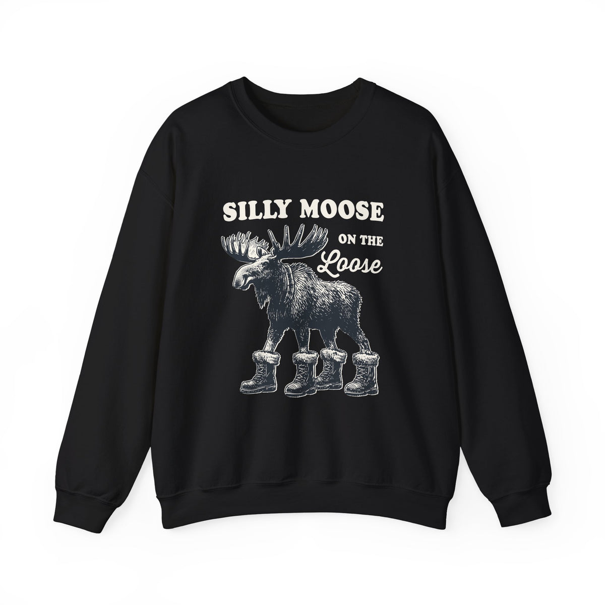 Black Silly Moose On The Loose vintage moose sweatshirt, front view