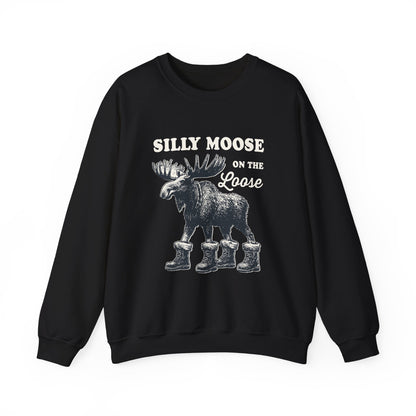 Black Silly Moose On The Loose vintage moose sweatshirt, front view