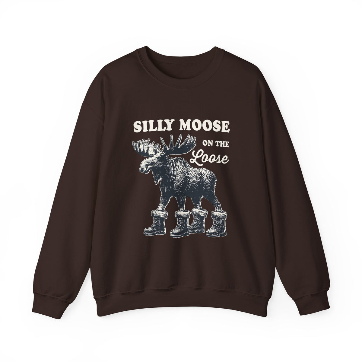 Dark Chocolate Silly Moose On The Loose vintage moose sweatshirt, front view
