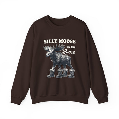 Dark Chocolate Silly Moose On The Loose vintage moose sweatshirt, front view