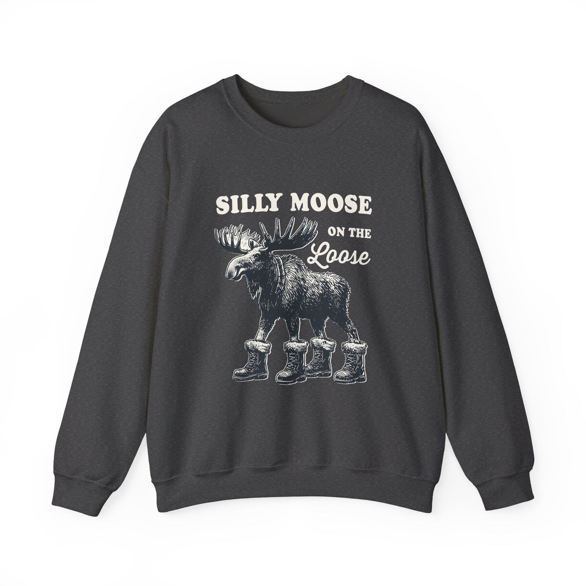 Dark Heather Silly Moose On The Loose vintage moose sweatshirt, front view