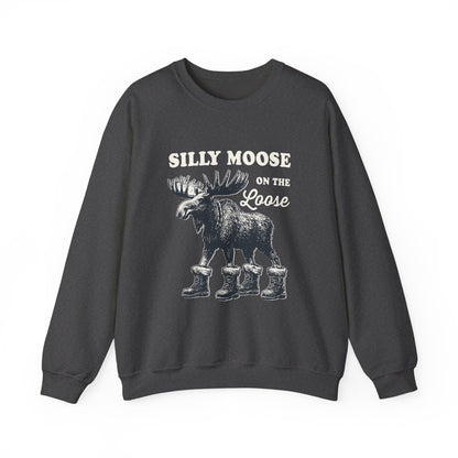 Dark Heather Silly Moose On The Loose vintage moose sweatshirt, front view