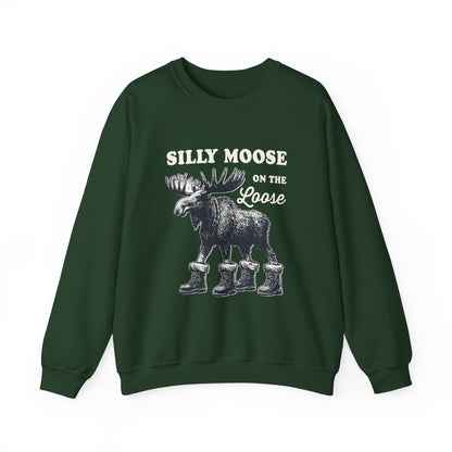 Forest Green Silly Moose On The Loose vintage moose sweatshirt, front view