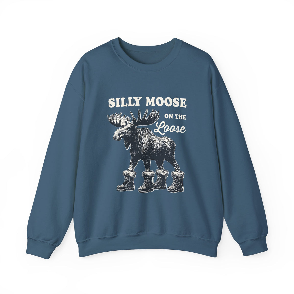 Indigo Blue Silly Moose On The Loose vintage moose sweatshirt, front view