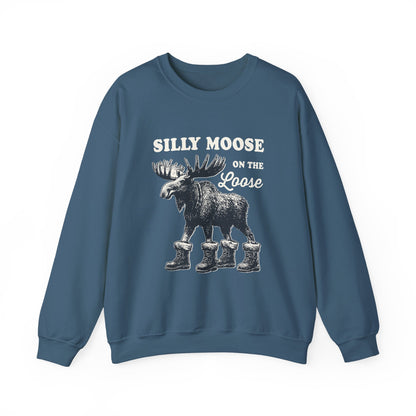 Indigo Blue Silly Moose On The Loose vintage moose sweatshirt, front view