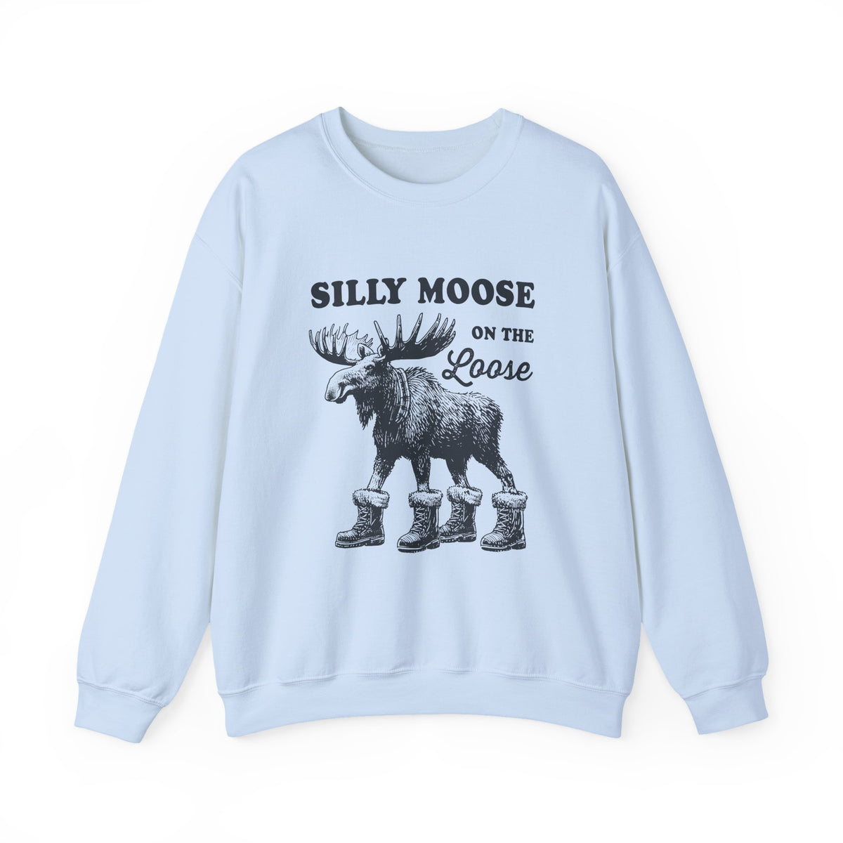 Light Blue Silly Moose On The Loose vintage moose sweatshirt, front view