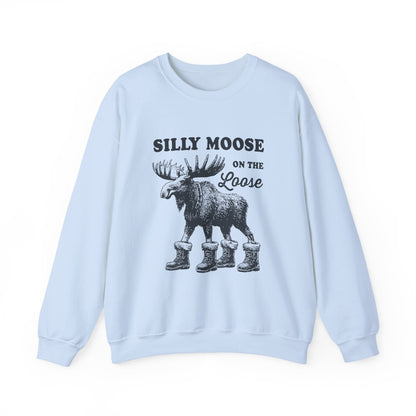 Light Blue Silly Moose On The Loose vintage moose sweatshirt, front view