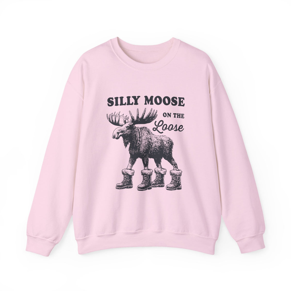 Light Pink Silly Moose On The Loose vintage moose sweatshirt, front view