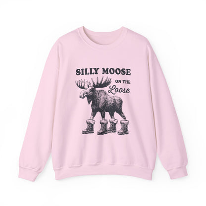 Light Pink Silly Moose On The Loose vintage moose sweatshirt, front view
