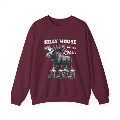 Maroon Silly Moose On The Loose vintage moose sweatshirt, front view