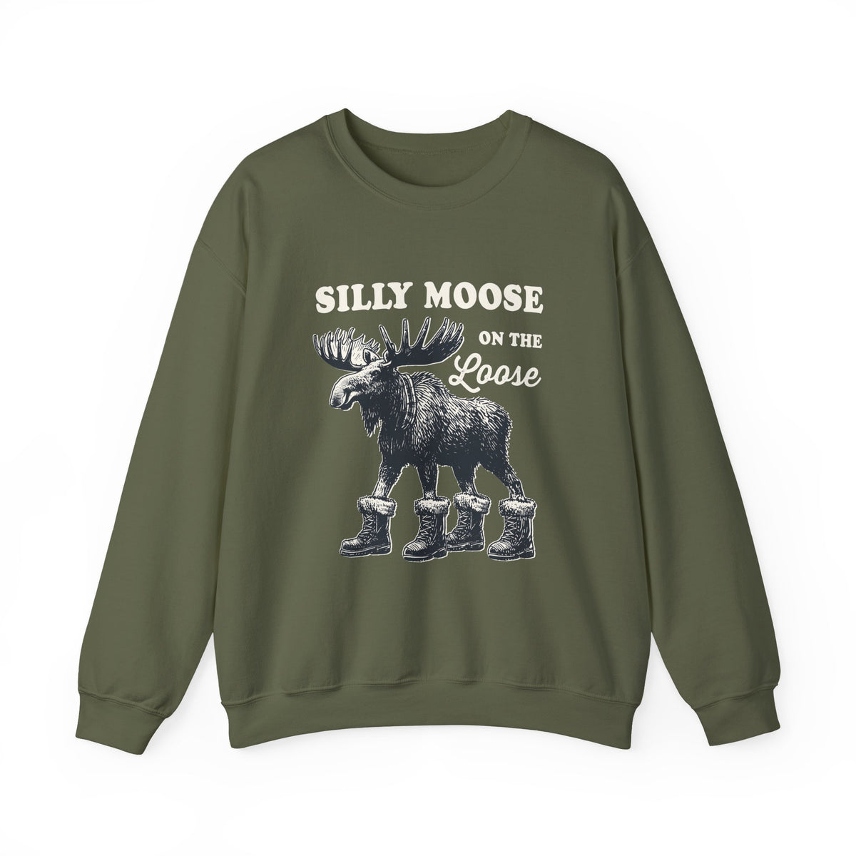 Military Green Silly Moose On The Loose vintage moose sweatshirt, front view