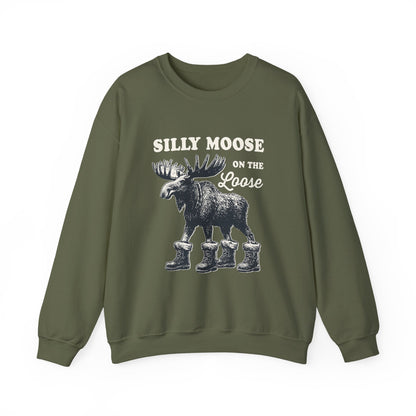 Military Green Silly Moose On The Loose vintage moose sweatshirt, front view