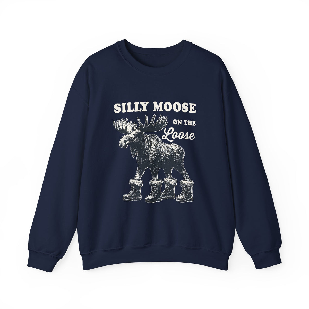 Navy Silly Moose On The Loose vintage moose sweatshirt, front view