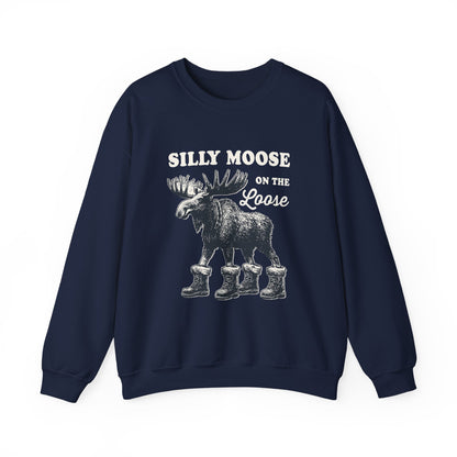 Navy Silly Moose On The Loose vintage moose sweatshirt, front view