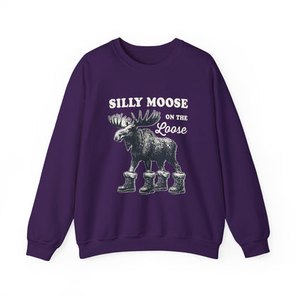 Purple Silly Moose On The Loose vintage moose sweatshirt, front view