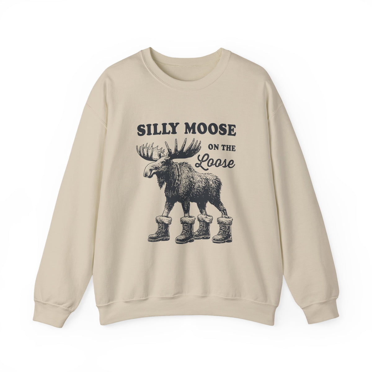 Sand Silly Moose On The Loose vintage moose sweatshirt, front view