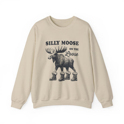 Sand Silly Moose On The Loose vintage moose sweatshirt, front view