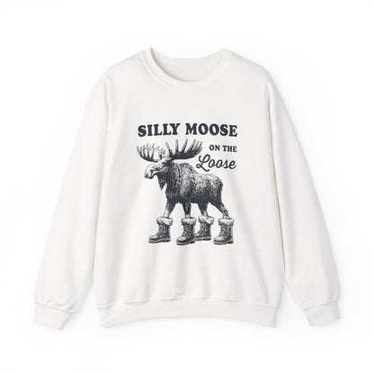 White Silly Moose On The Loose vintage moose sweatshirt, front view