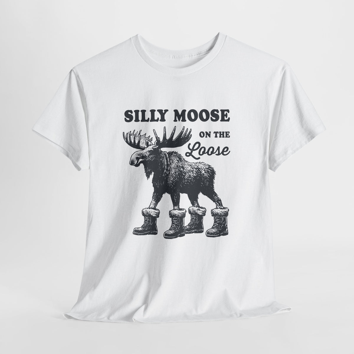 Silly Moose On The Loose vintage moose t-shirt, flat lay