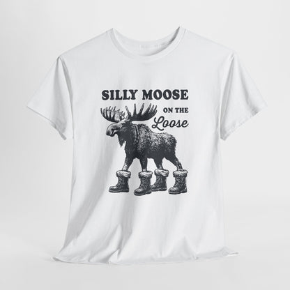 Silly Moose On The Loose vintage moose t-shirt, flat lay