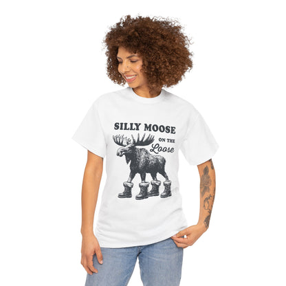 Woman wearing the Silly Moose On The Loose vintage moose t-shirt