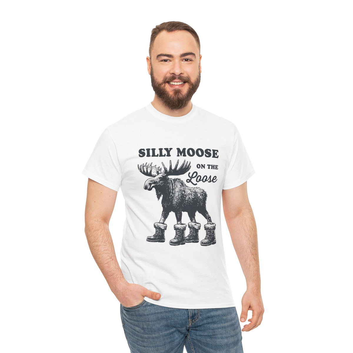Man wearing the Silly Moose On The Loose vintage moose t-shirt