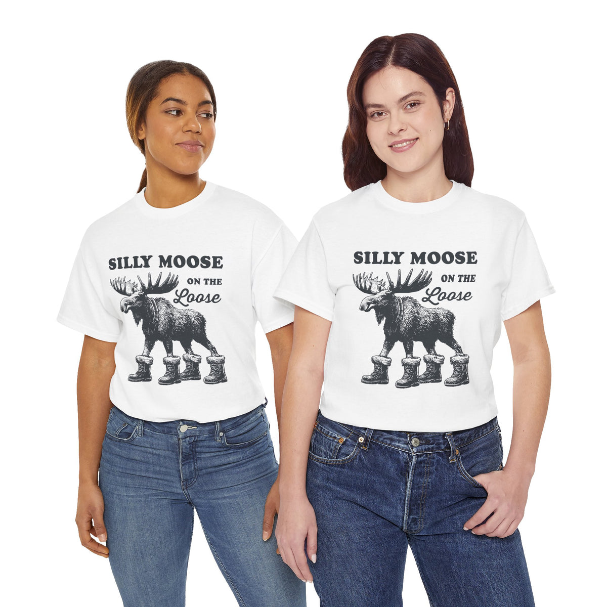Two women wearing the Silly Moose On The Loose vintage moose t-shirt