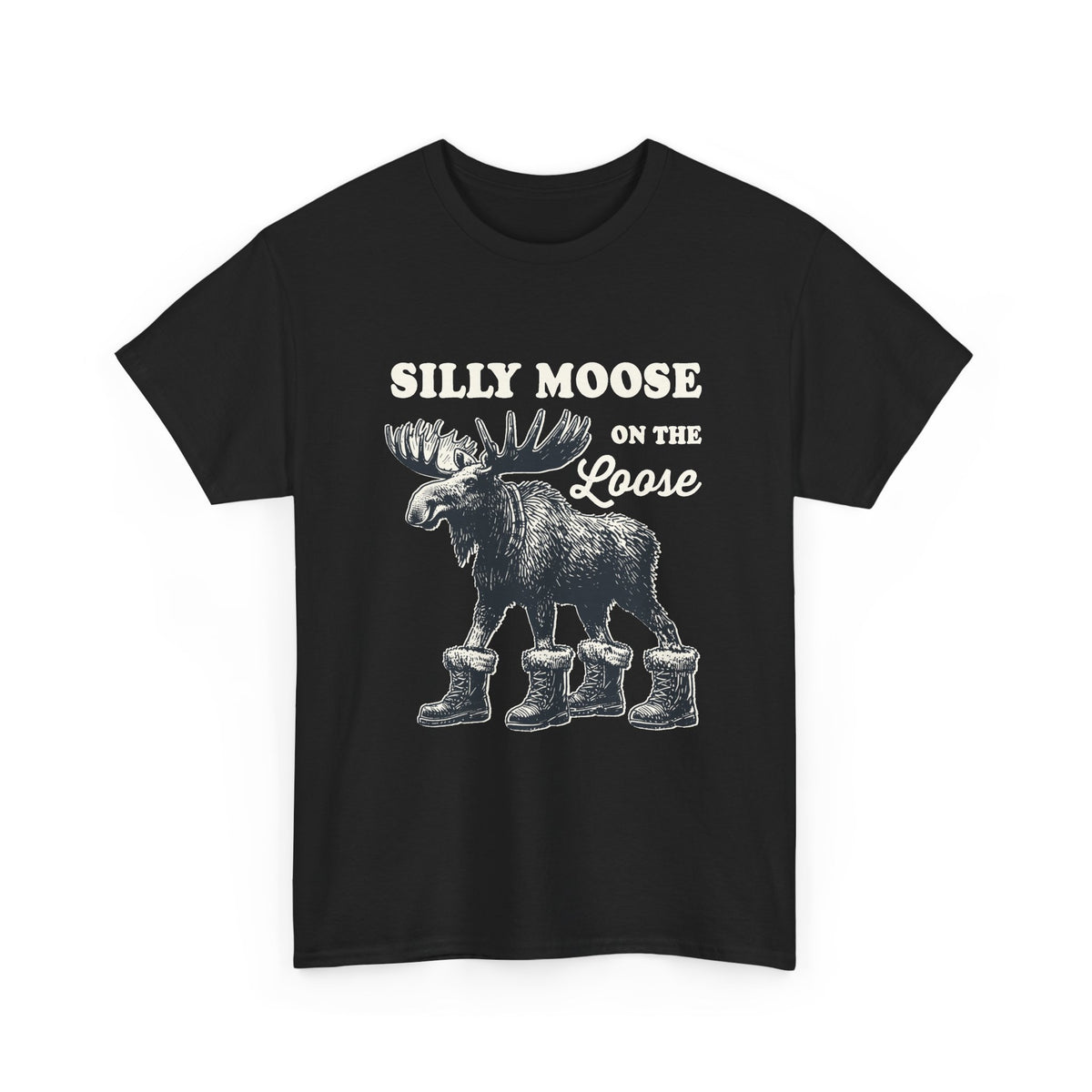 Black Silly Moose On The Loose vintage moose t-shirt, front view