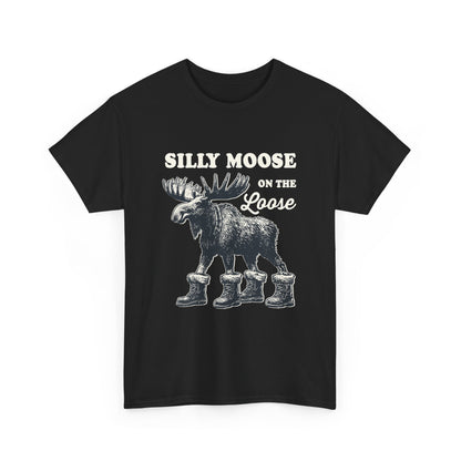 Black Silly Moose On The Loose vintage moose t-shirt, front view