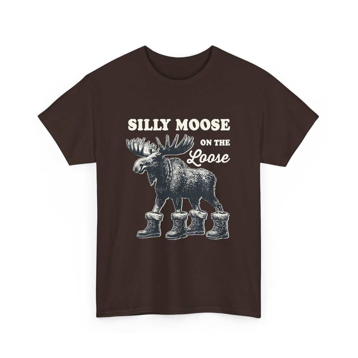 Dark Chocolate Silly Moose On The Loose vintage moose t-shirt, front view