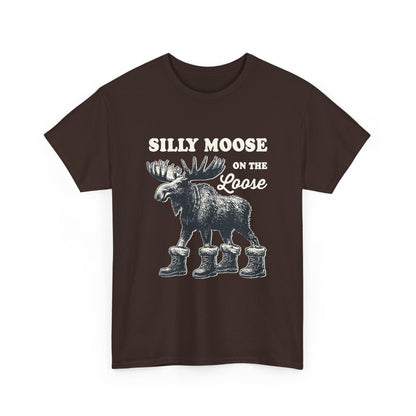 Dark Chocolate Silly Moose On The Loose vintage moose t-shirt, front view