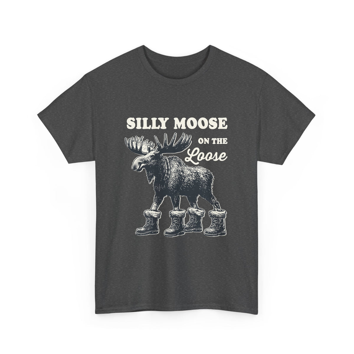 Dark Heather Silly Moose On The Loose vintage moose t-shirt, front view