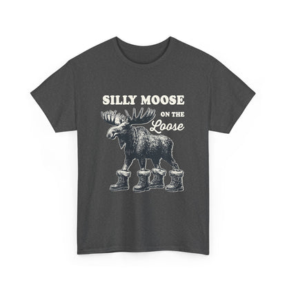 Dark Heather Silly Moose On The Loose vintage moose t-shirt, front view