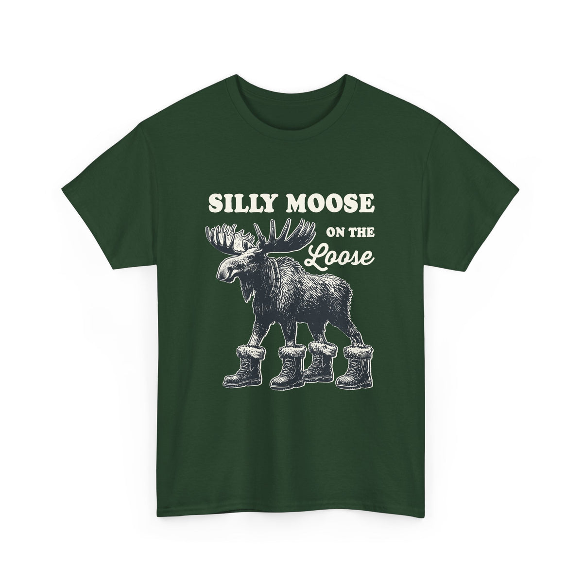 Forest Green Silly Moose On The Loose vintage moose t-shirt, front view
