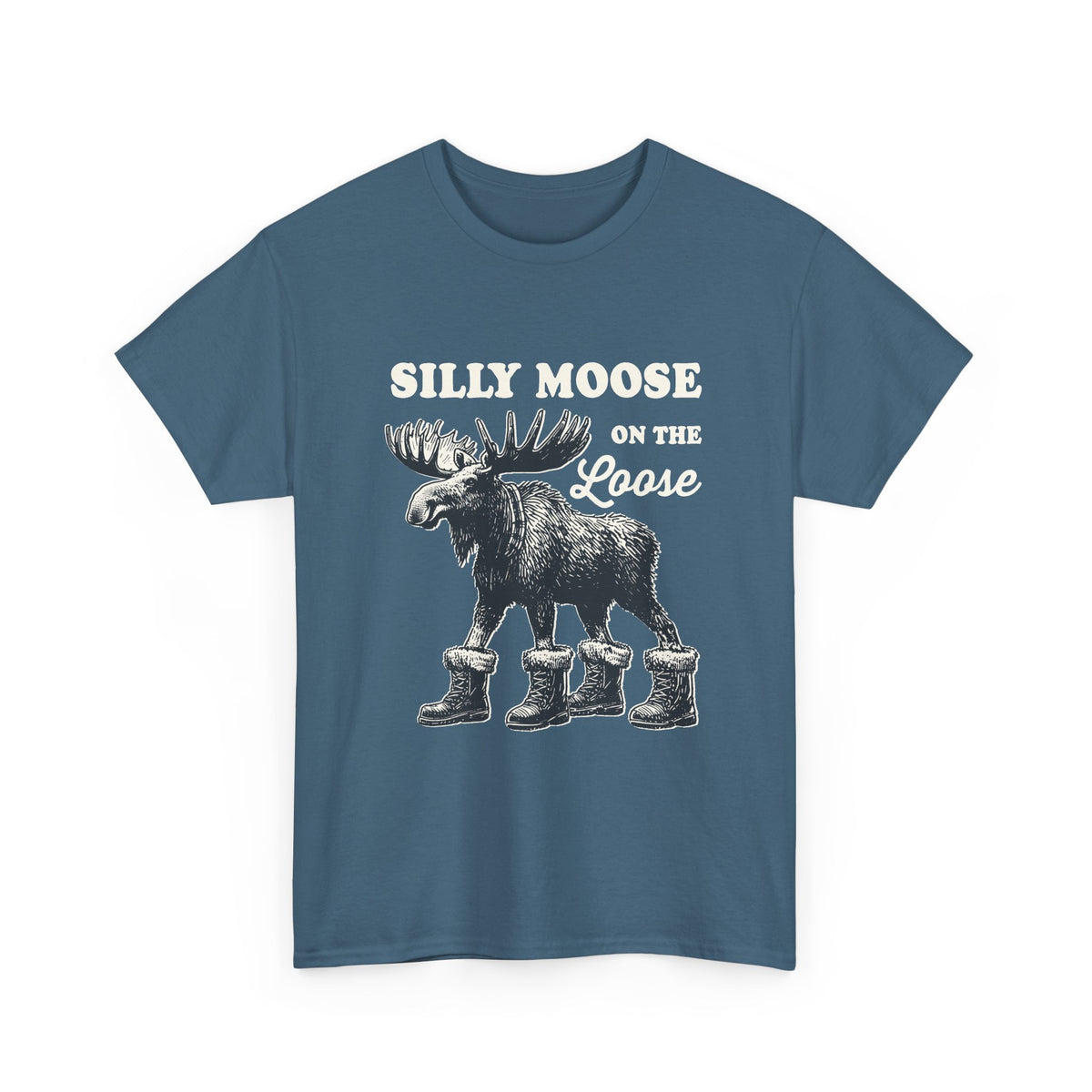 Indigo Blue Silly Moose On The Loose vintage moose t-shirt, front view