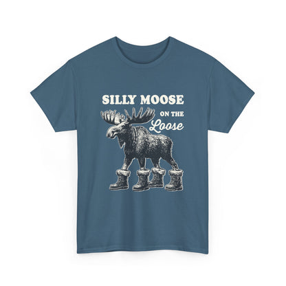 Indigo Blue Silly Moose On The Loose vintage moose t-shirt, front view