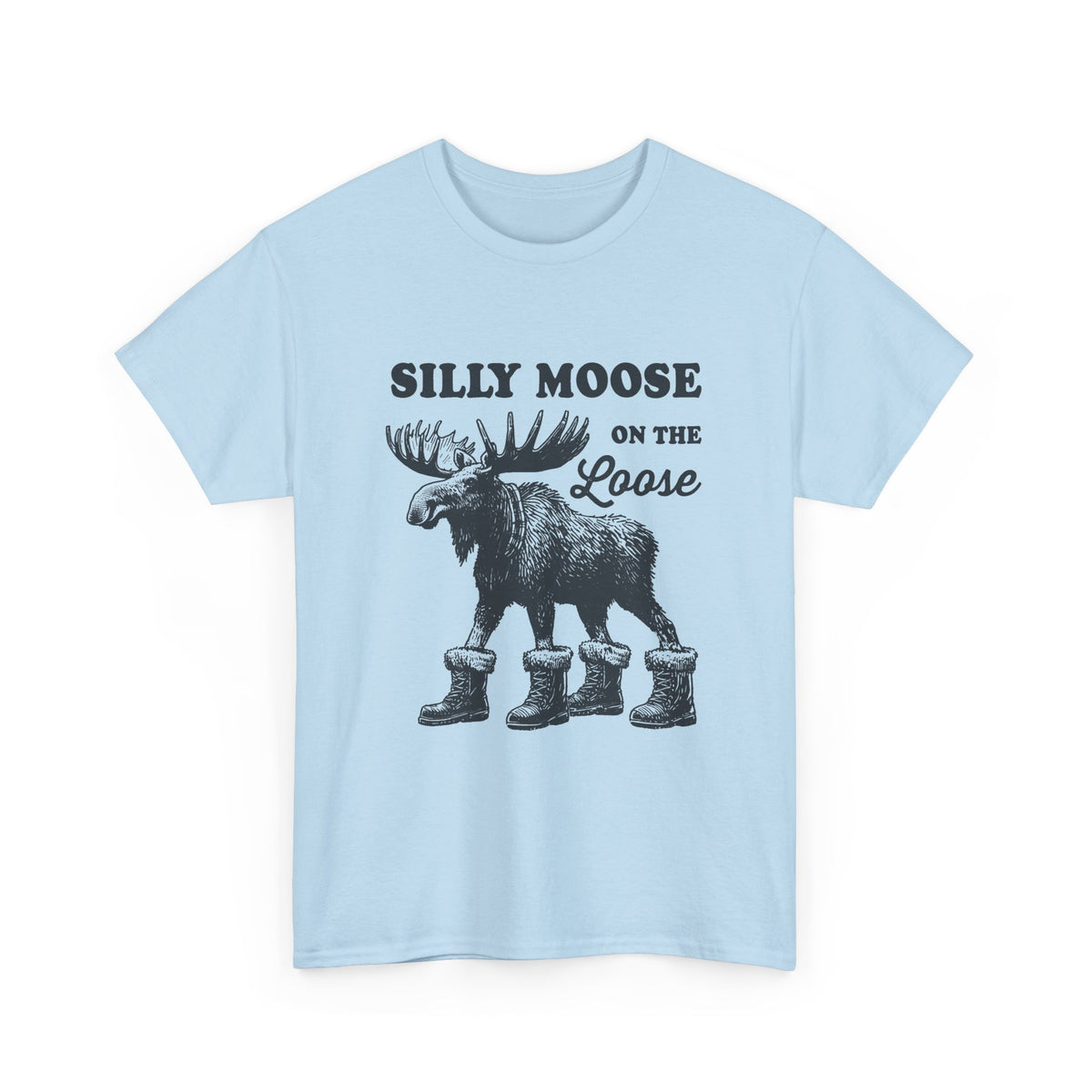 Light Blue Silly Moose On The Loose vintage moose t-shirt, front view
