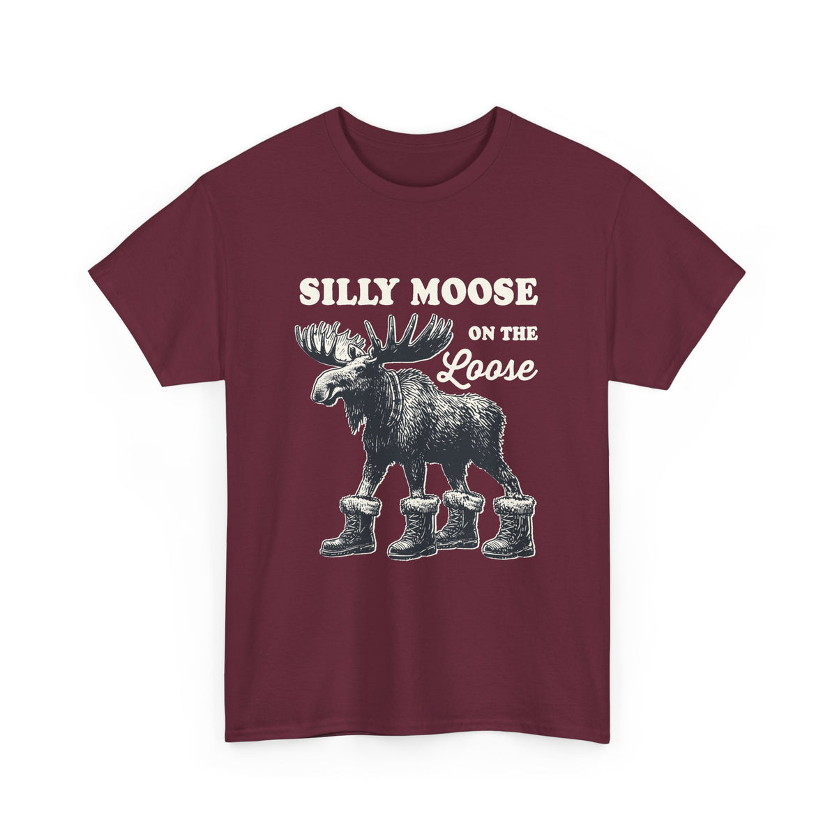 Maroon Silly Moose On The Loose vintage moose t-shirt, front view
