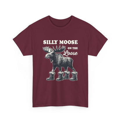 Maroon Silly Moose On The Loose vintage moose t-shirt, front view