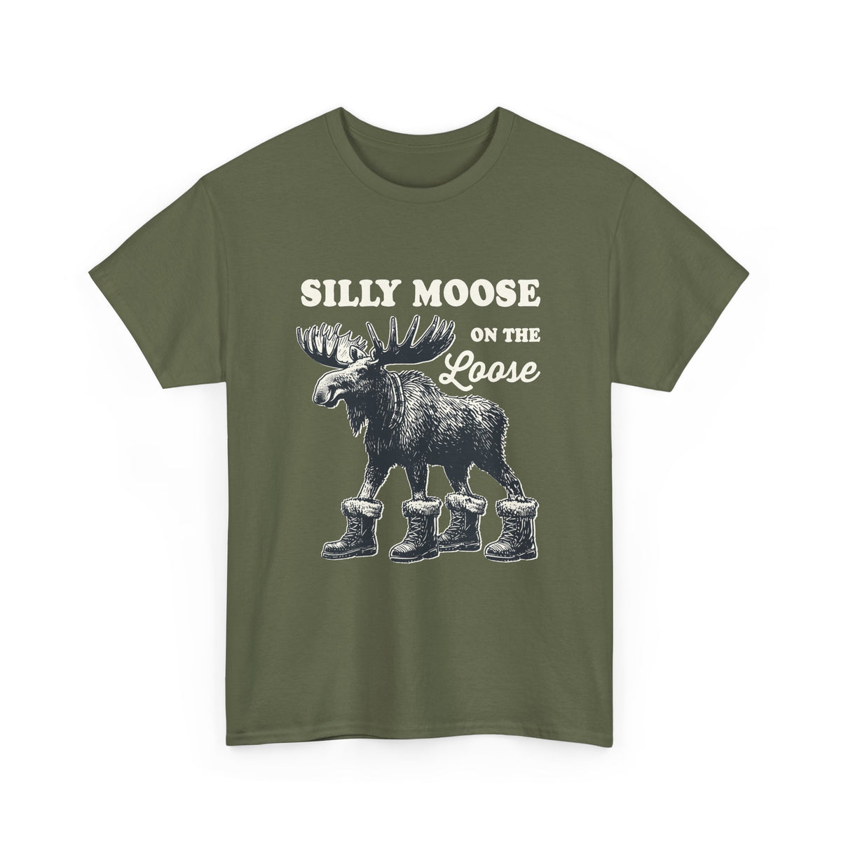 Military Green Silly Moose On The Loose vintage moose t-shirt, front view