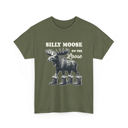 Military Green Silly Moose On The Loose vintage moose t-shirt, front view