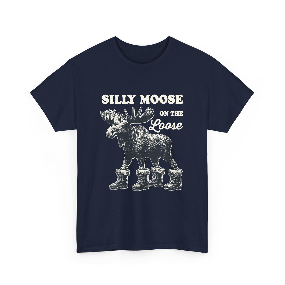 Navy Silly Moose On The Loose vintage moose t-shirt, front view