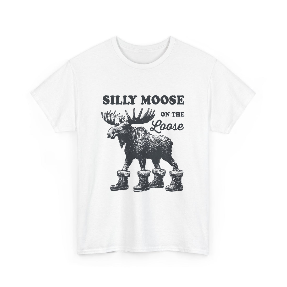 White Silly Moose On The Loose vintage moose t-shirt, front view