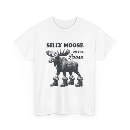 White Silly Moose On The Loose vintage moose t-shirt, front view