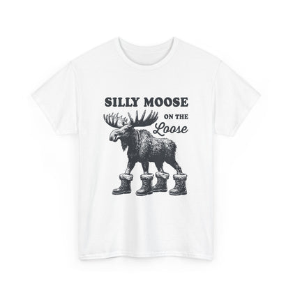 White Silly Moose On The Loose vintage moose t-shirt, front view