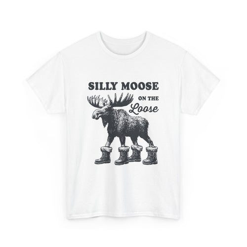 White Silly Moose On The Loose vintage moose t-shirt, front view