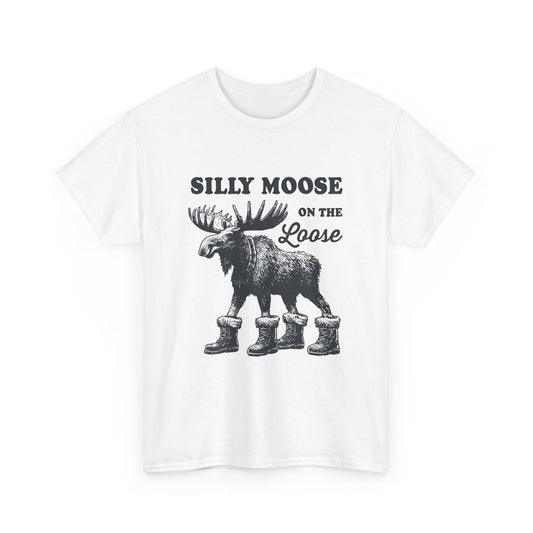 White Silly Moose On The Loose vintage moose t-shirt, front view