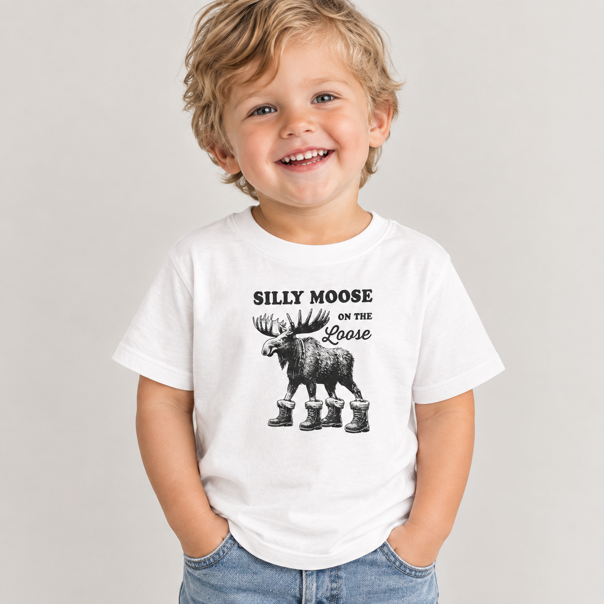 Toddler wearing the Silly Moose On The Loose vintage moose toddler t-shirt