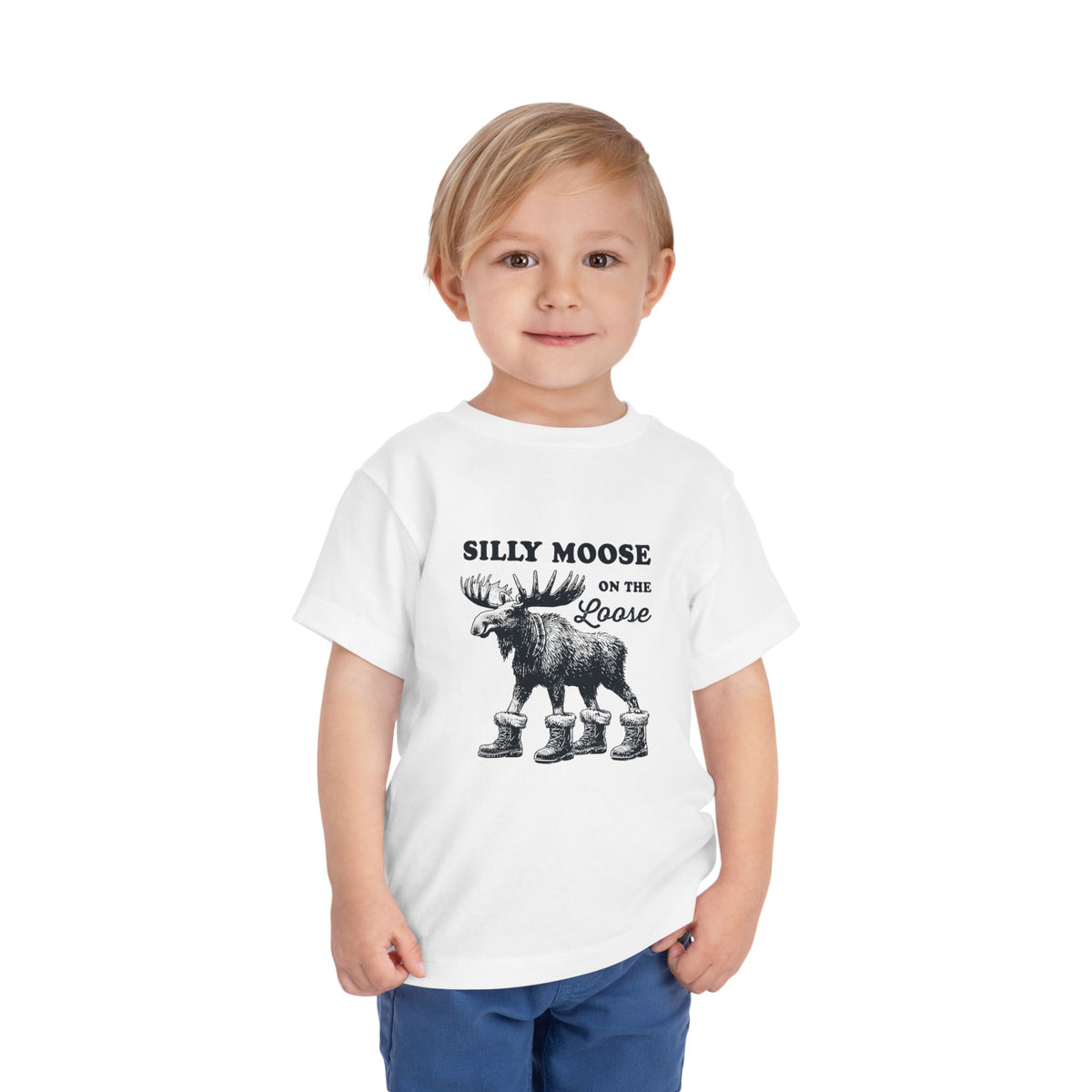 Toddler wearing the white Silly Moose On The Loose Toddler T-Shirt