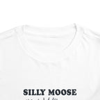 Silly Moose On The Loose vintage moose toddler t-shirt, front collar close-up